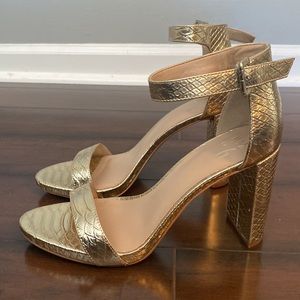 Mix No. 6 gold strappy snakeskin heels